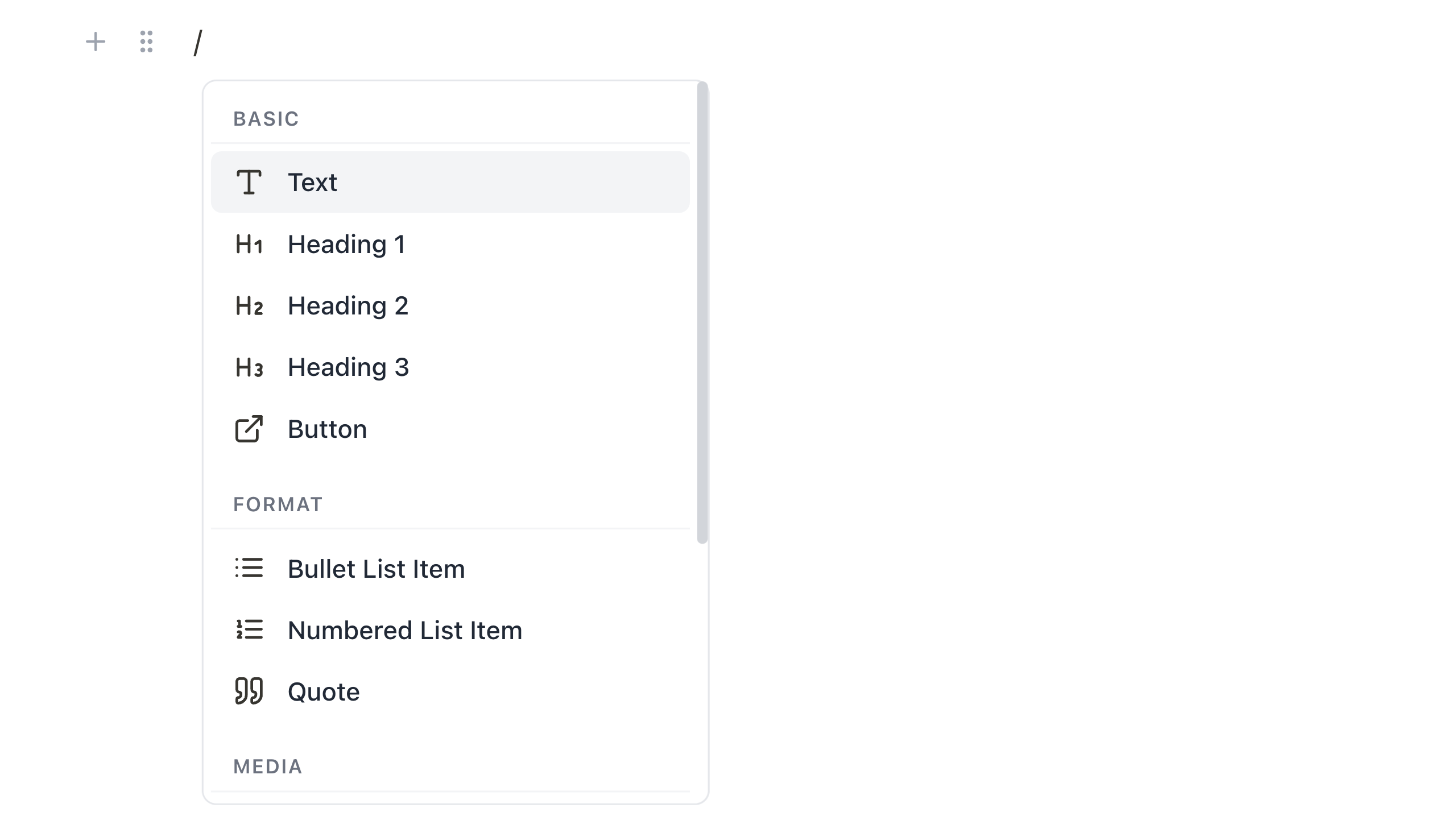 Slash command menu showing text blocks, headings, lists, and formatting options